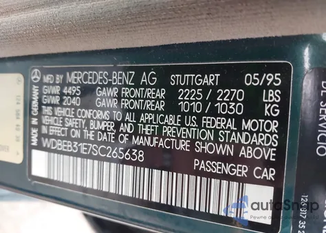 1995 Mercedes-Benz E 300D/300D Special из США, поврежденный, VIN WDBEB31E7SC265638